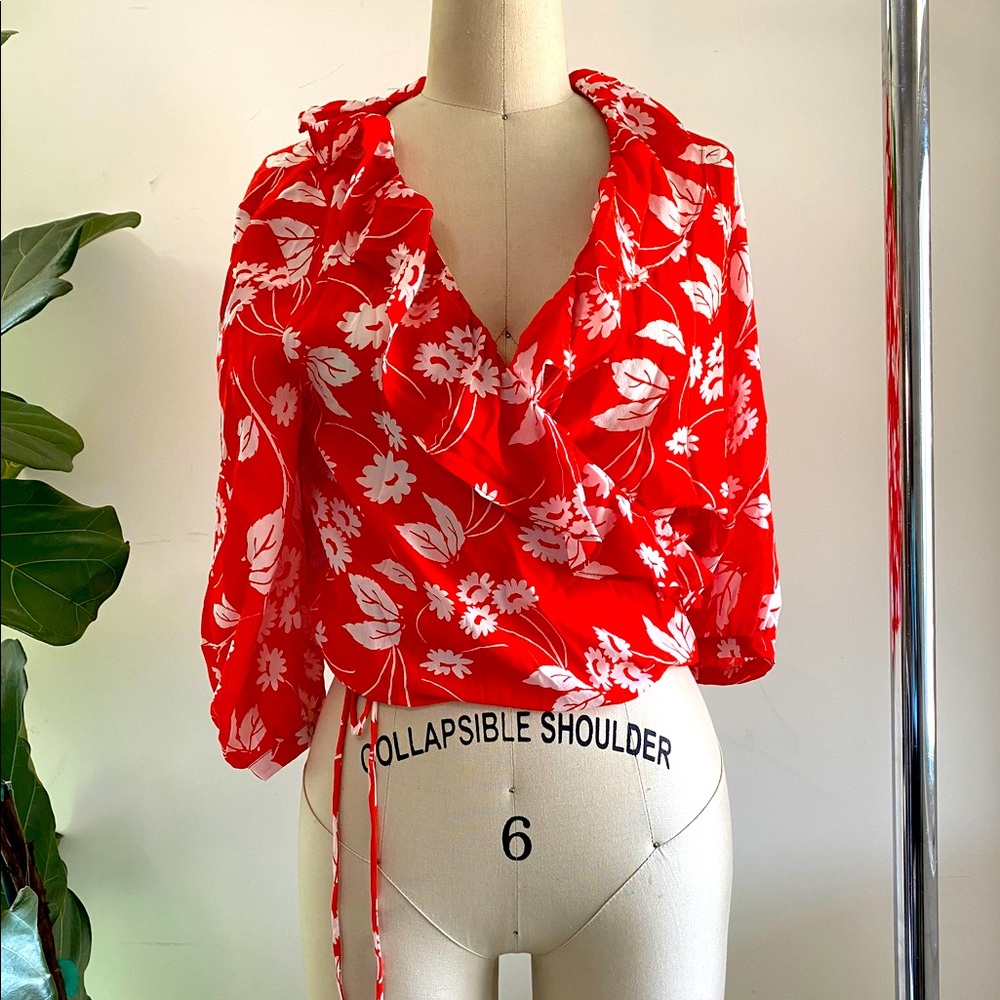 Hawaiian Floral Wrap Blouse with Tie
